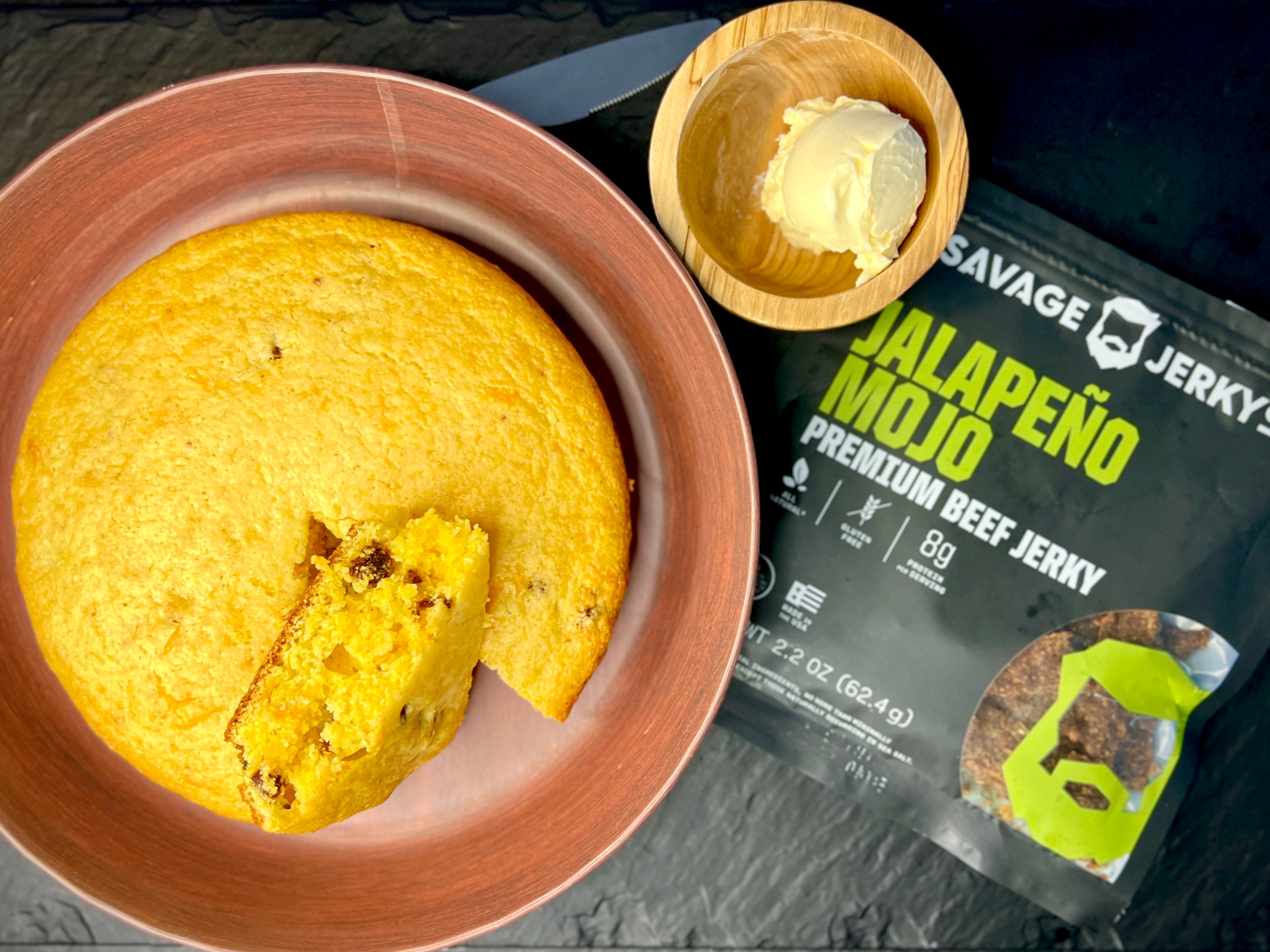 Cornbread with Savage Jerky Jalapeno Mojo Beef Jerky and Cheddar Cheese